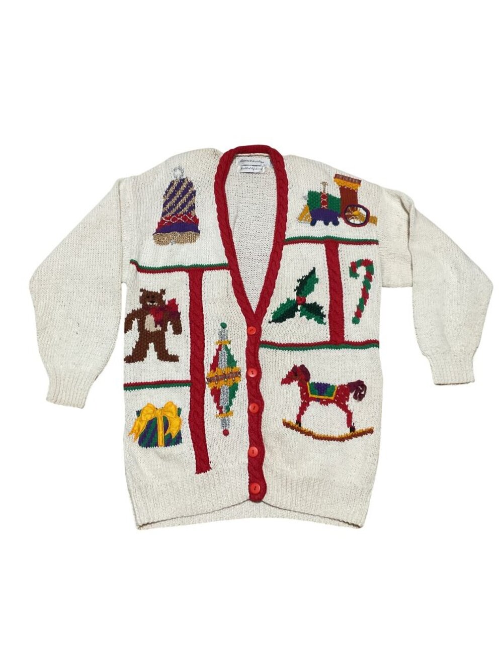 Vtg Marisa Christina Christmas Cardigan Sweater Sz L Hand Knit Xmas Motifs